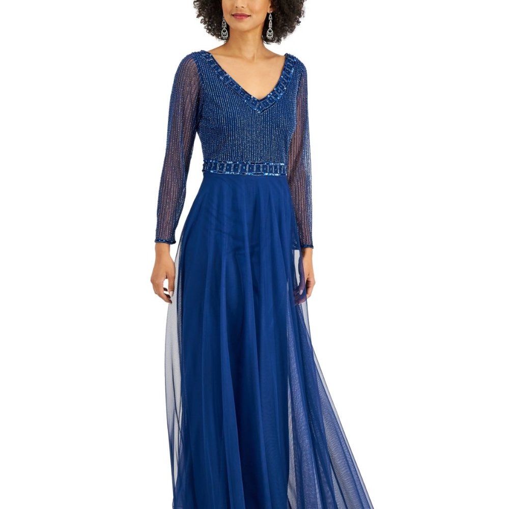 J KARA Embellished V-Neck Gown Cobalt Blue/Tonal Size 16